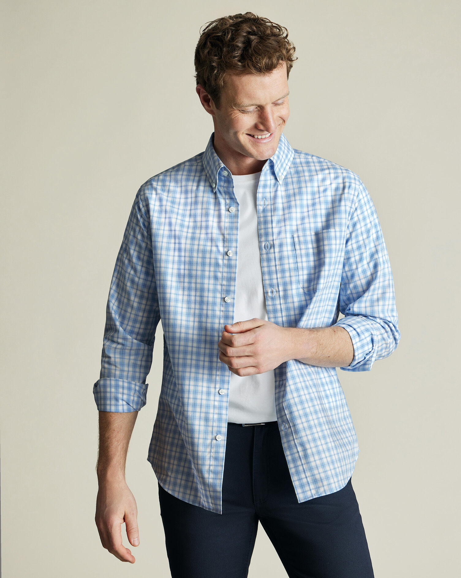 Non-Iron Stretch Poplin Check Shirt - Cornflower Blue | Charles