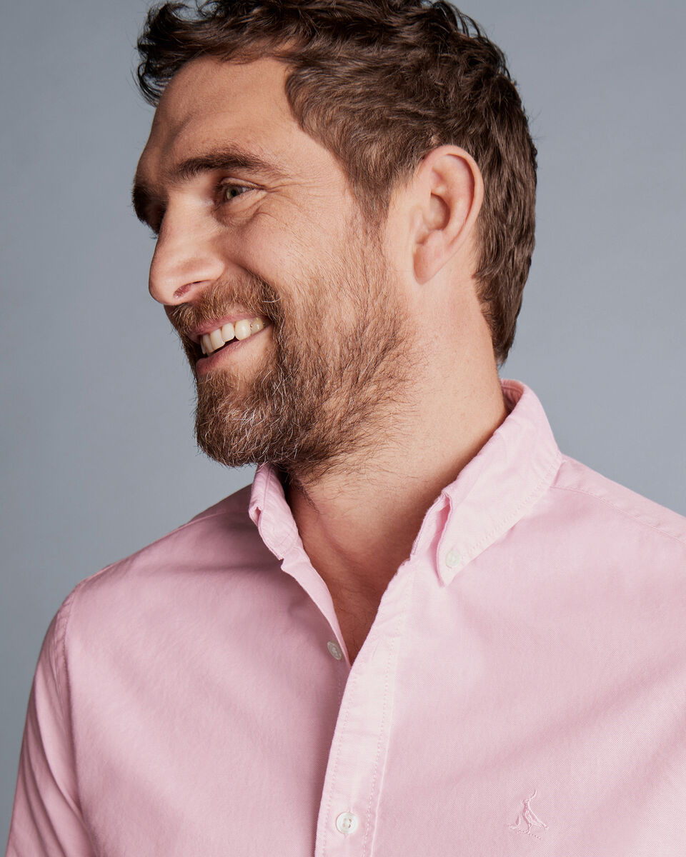 Button-Down Collar Washed Oxford Plain Shirt - Pink