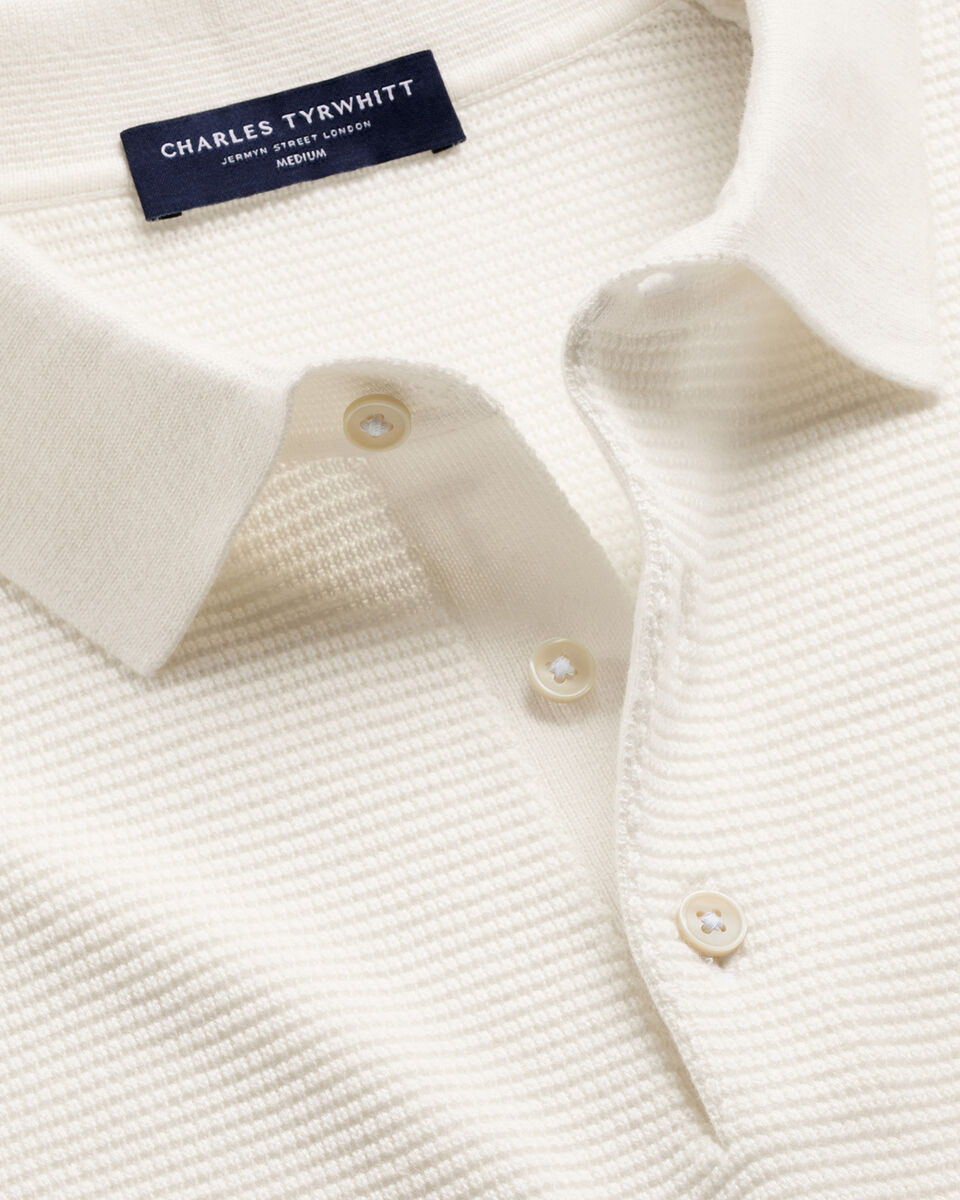 Long Sleeve Cotton Textured Knitted Polo - Cream