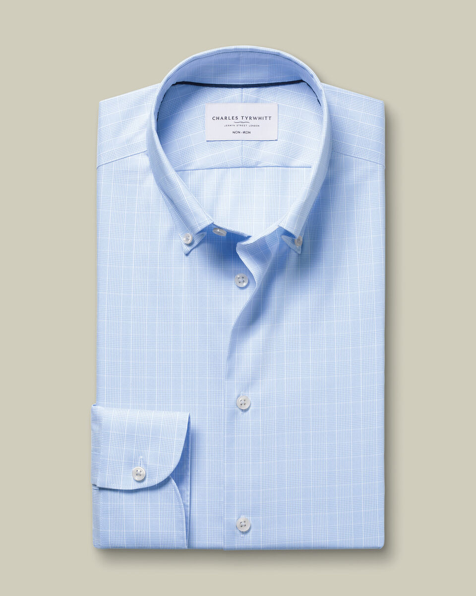 Non-Iron Stretch Pinpoint Oxford Prince of Wales Shirt - Mid Blue