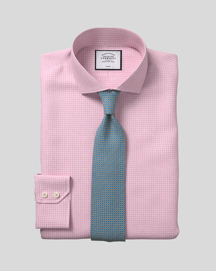 Cutaway Collar Non-Iron Cotton Stretch Grid Check Shirt - Pink