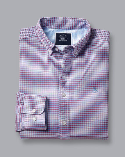Button-Down Collar Washed Oxford Check Shirt - Blue & Pink