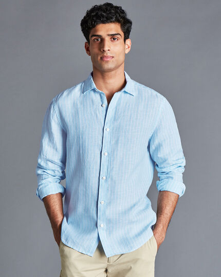 Pure Linen Stripe Shirt - Light Blue