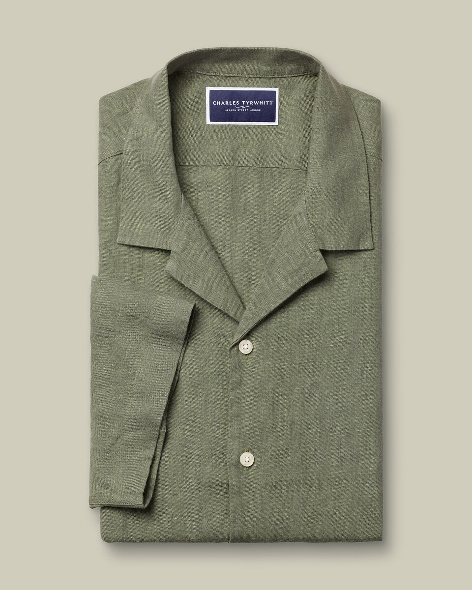 Short Sleeve Revere Pure Linen Shirt - Olive Green