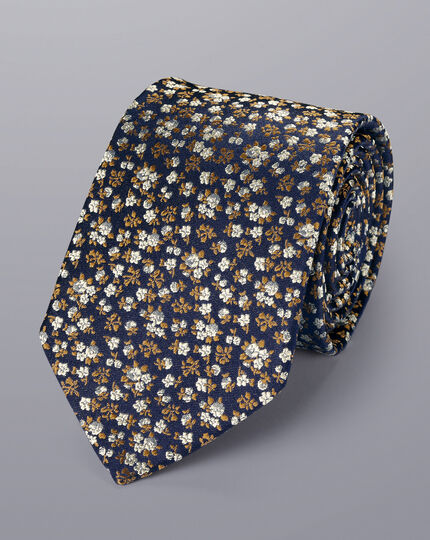 Floral Print Silk Tie - French Blue & Gold