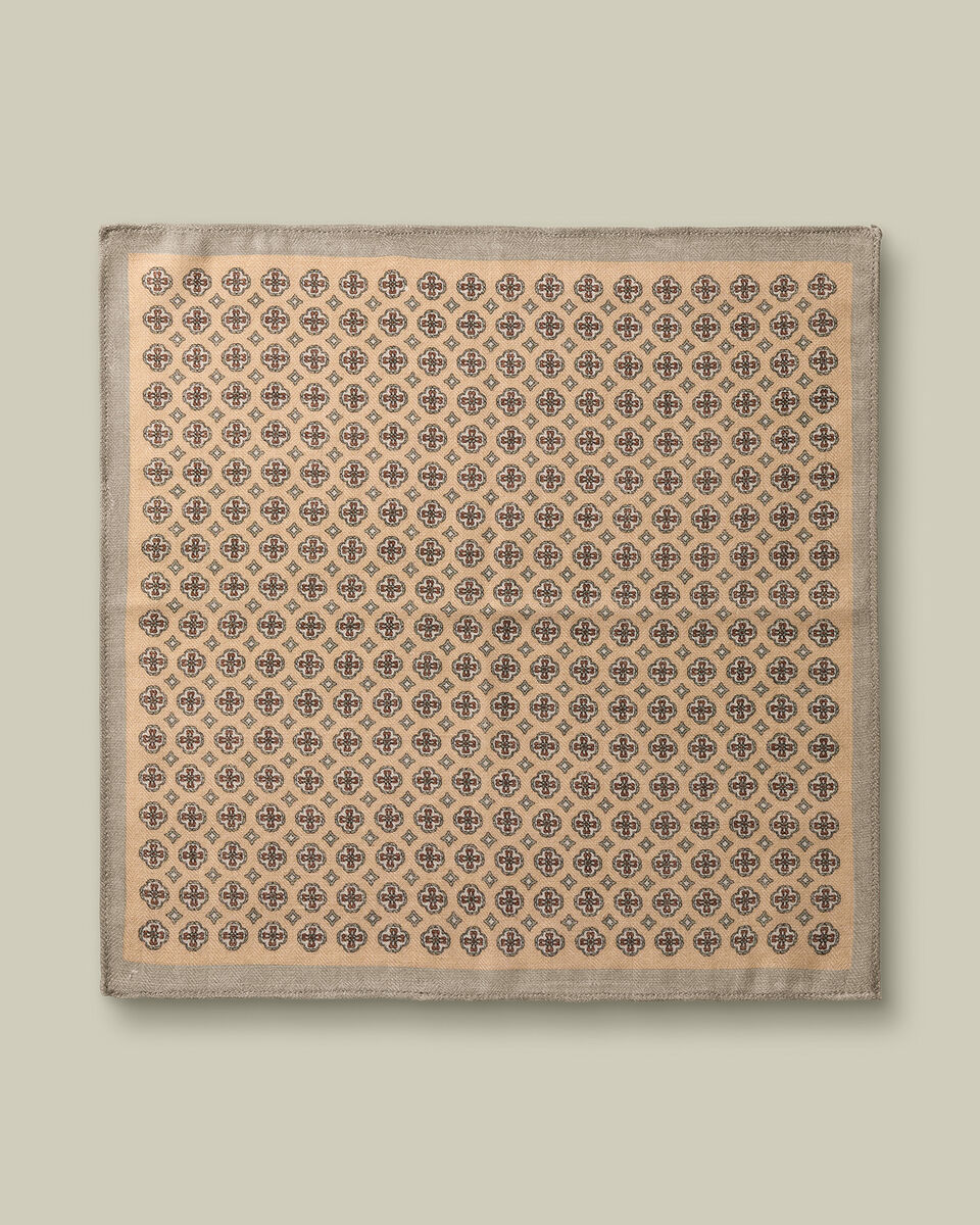 Silk Wool Medallion Print Pocket Square - Stone
