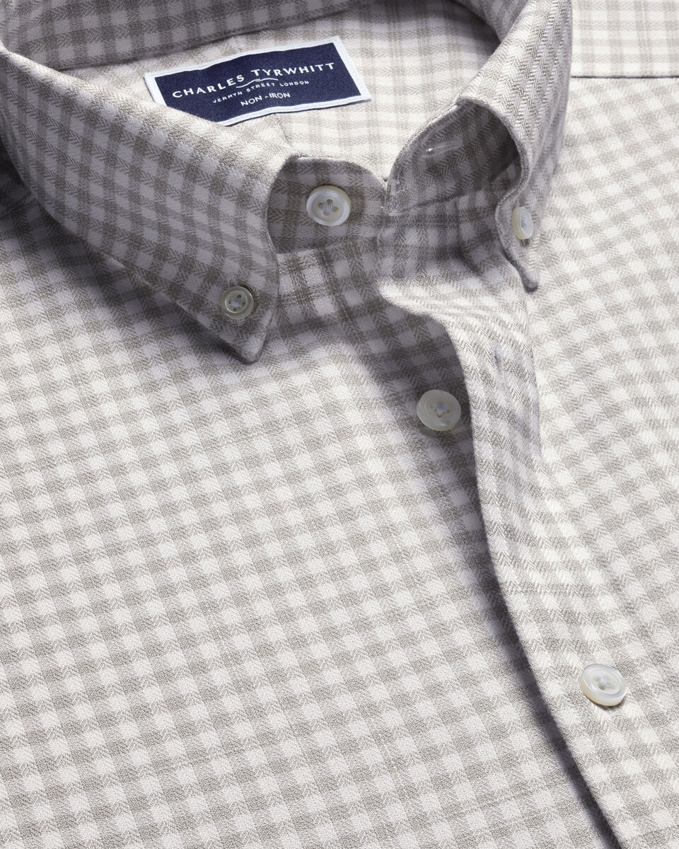 Niet Strijken Twill Gingham Overhemd - Zilvergrijs