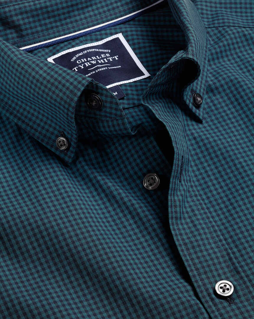 Button-Down Collar Non-Iron Stretch Poplin Mini Gingham Check Shirt - Teal Green
