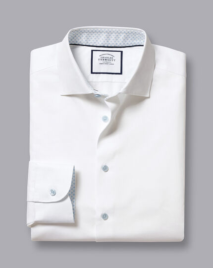 Semi-Spread Collar Twill Shirt with Printed Trim - White