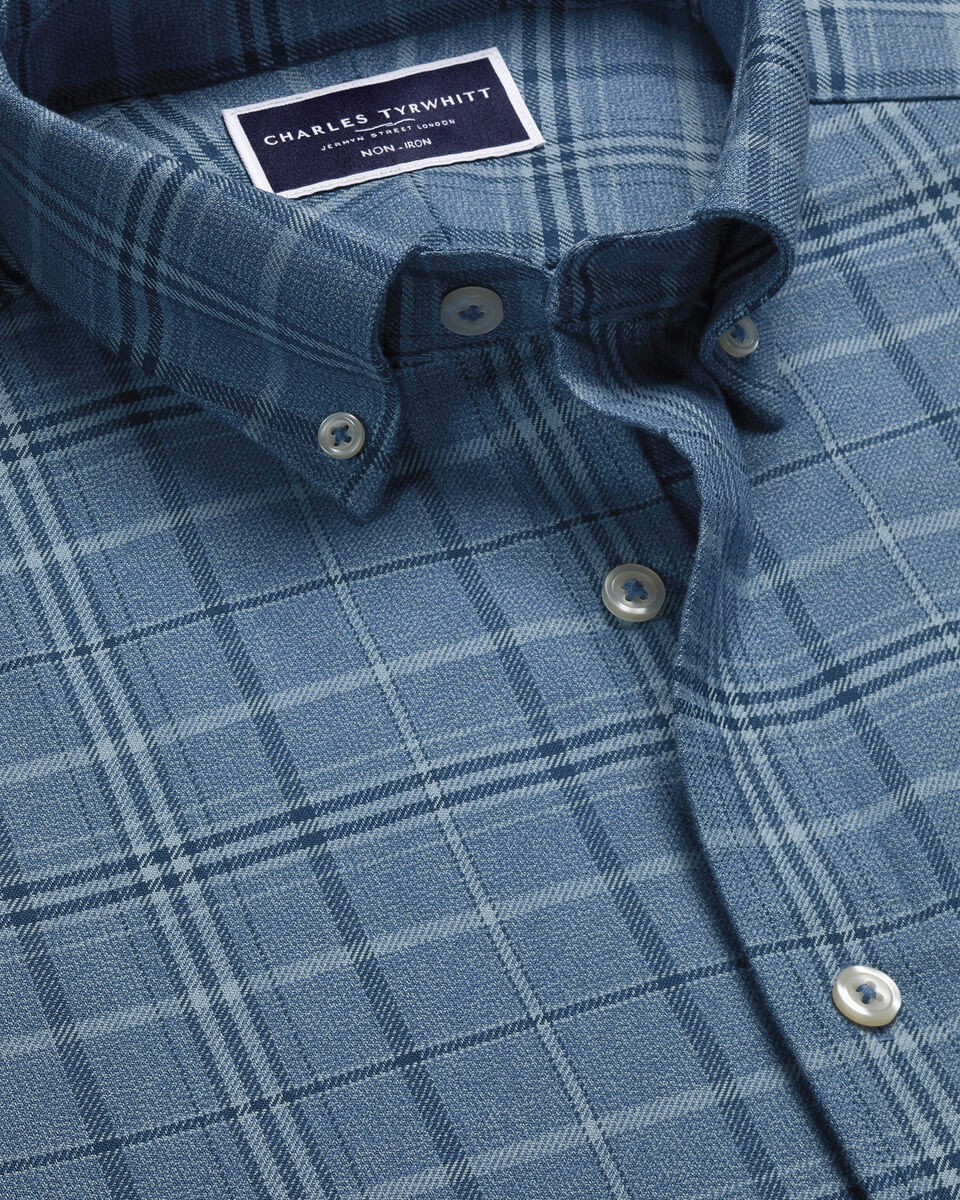Chemise en serg&eacute; &agrave; carreaux &eacute;cossais sans repassage - Bleu indigo