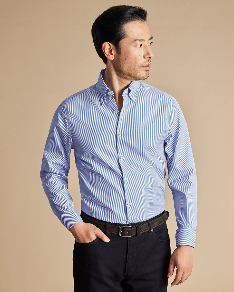 Button-Down Collar Non-Iron Stripe Oxford Shirt - Cobalt Blue | Charles Tyrwhitt
