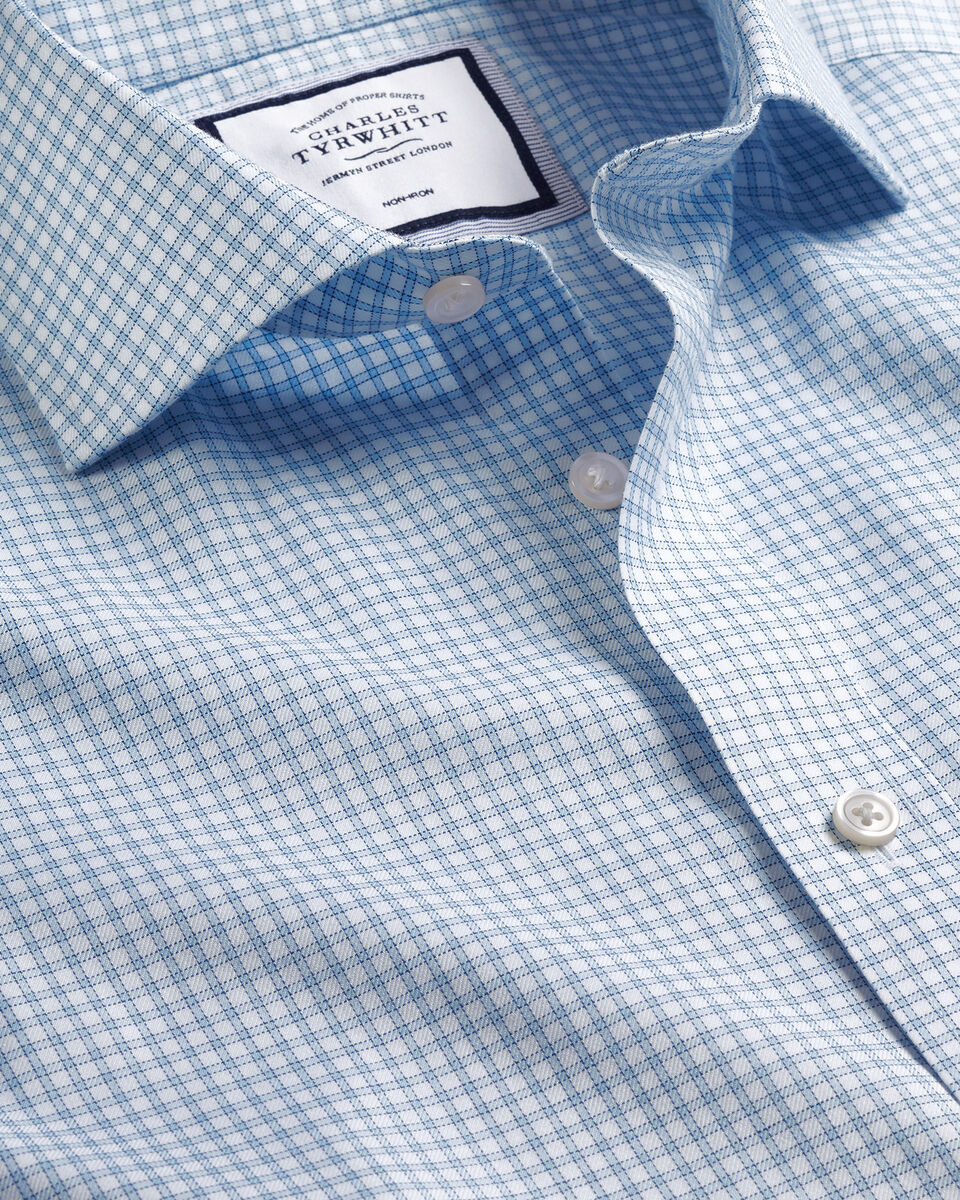 Spread Collar Non-Iron Twill Mini Windowpane Check Shirt - Steel Blue |  Charles Tyrwhitt