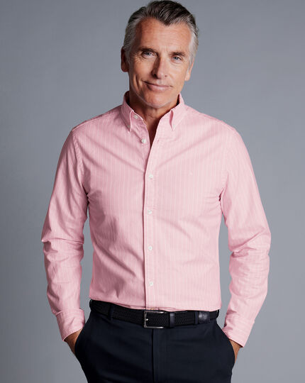 Button-Down Collar Washed Oxford Butchers Stripe Shirt - Pink