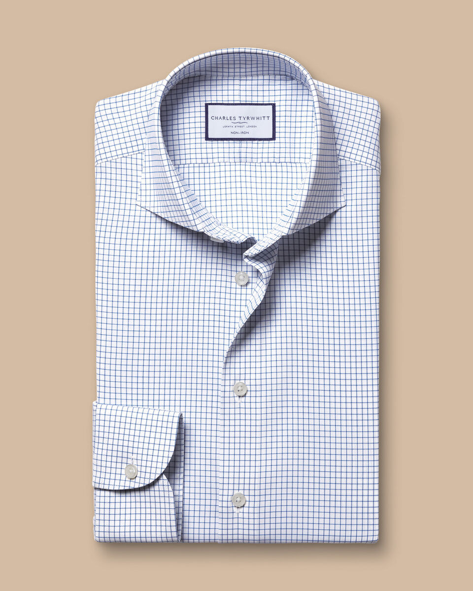 Chemise Performance en sergé à petits carreaux sans repassage - Bleu océan