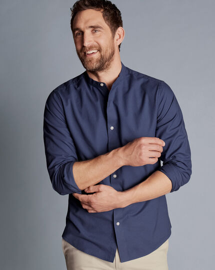 Collarless Washed Oxford Stretch Shirt - Heather Blue