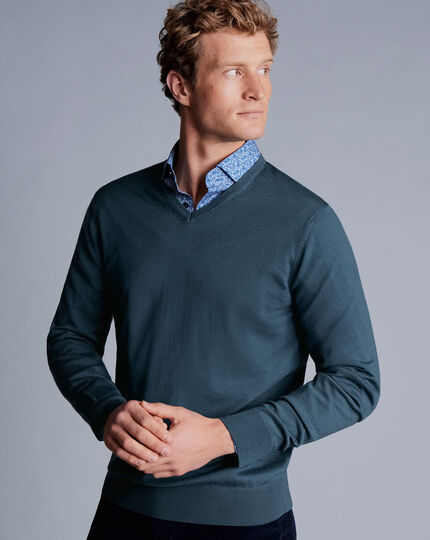 Merino V-Neck Sweater - Petrol Blue