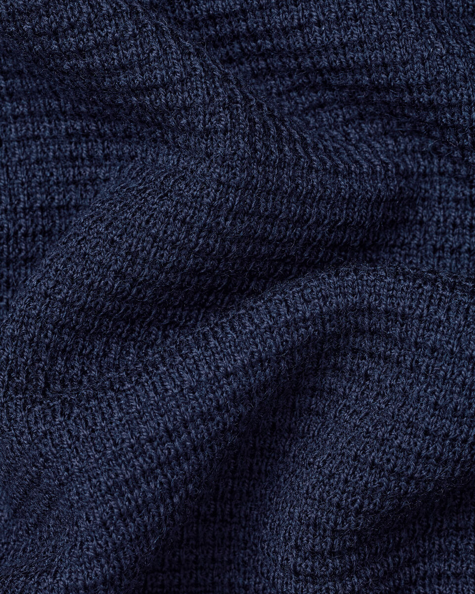 Pure Merino Textured Zip Neck Sweater - Navy