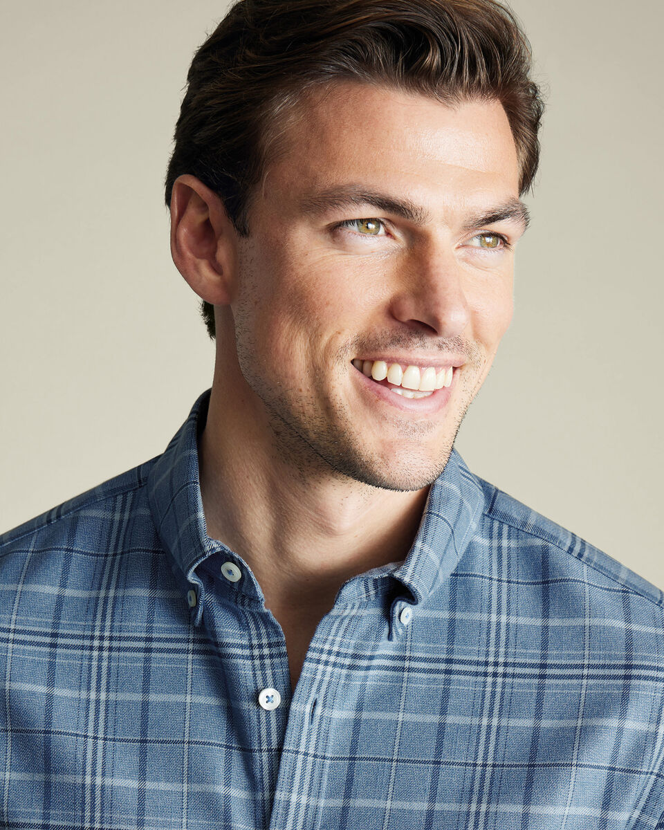 Chemise en serg&eacute; &agrave; carreaux &eacute;cossais sans repassage - Bleu indigo