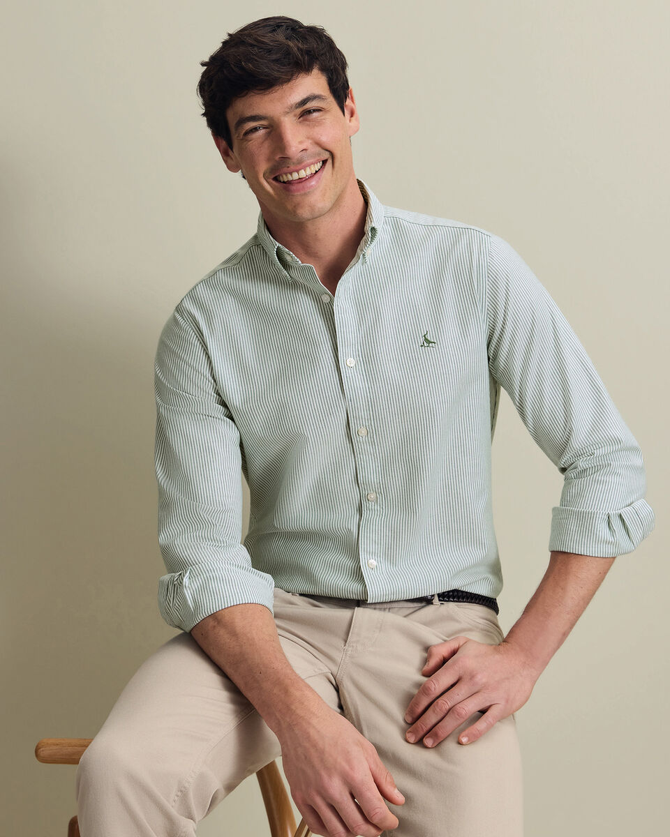 Button-Down Stretch Washed Stripe Oxford Shirt - Green