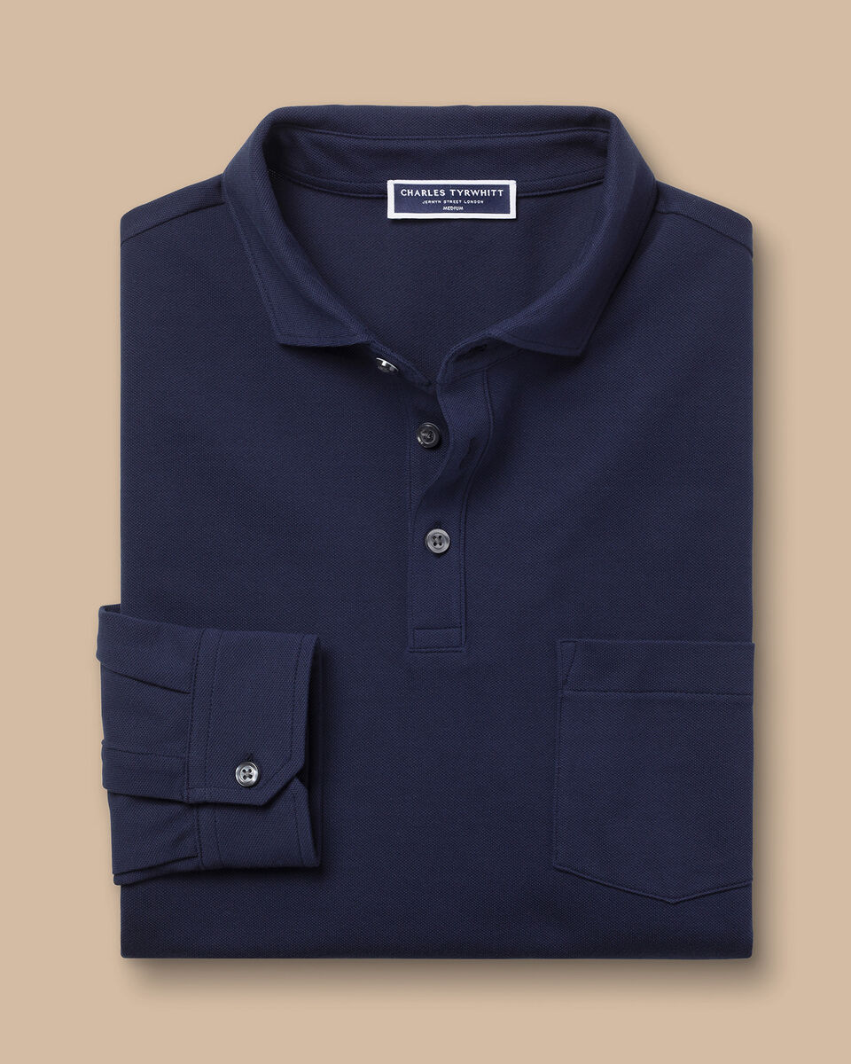 Long Sleeve Pique Polo - Denim Blue