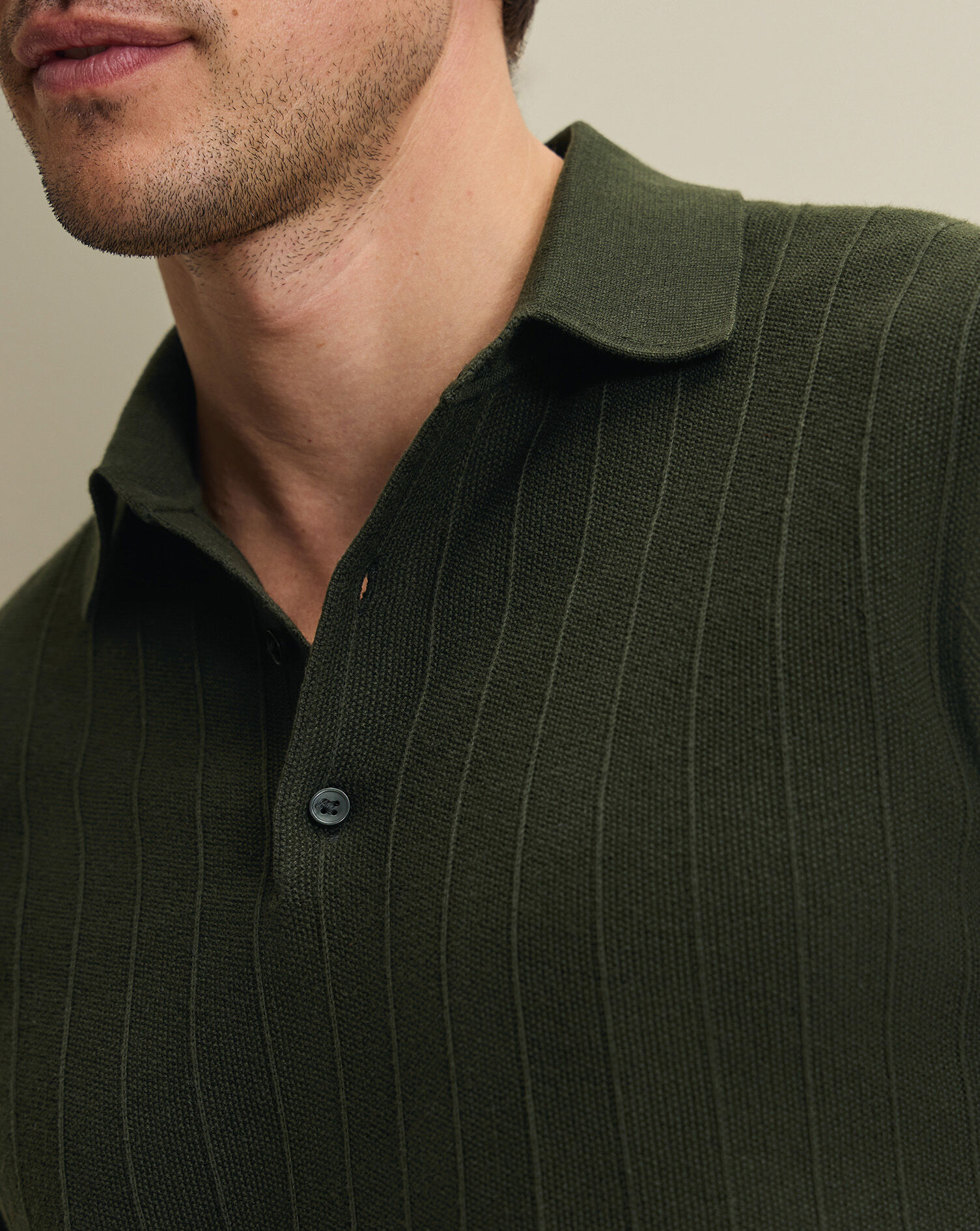 Cotton Stripe Textured Knitted Polo - Olive Green | Charles