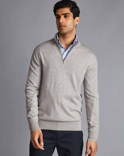 Merino Zip Neck Sweater - Silver