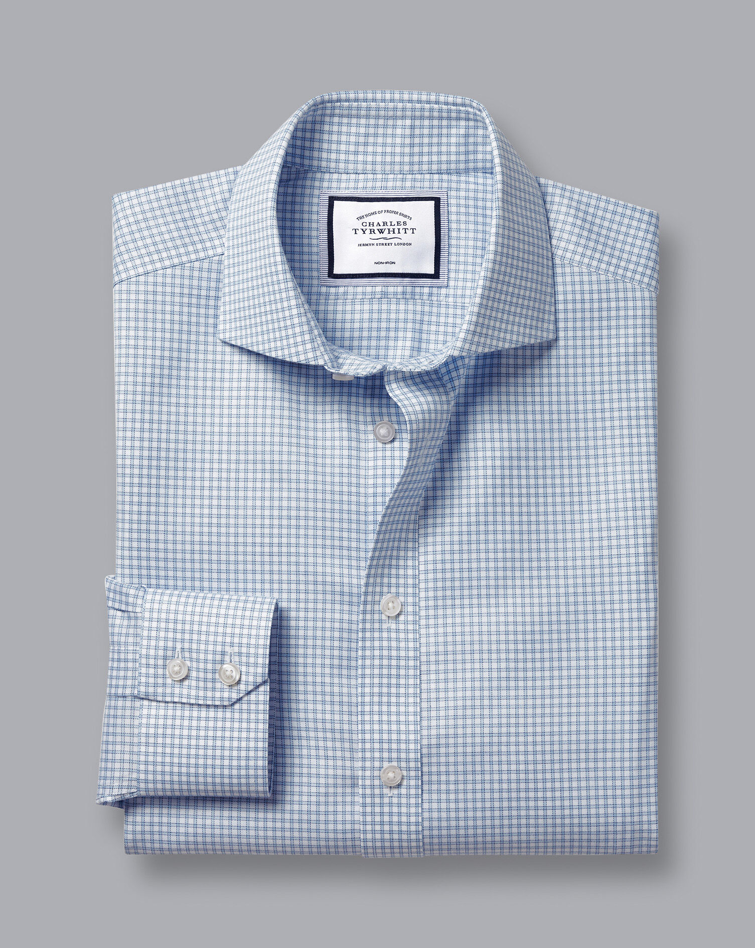 Cutaway Collar Non-Iron Twill Mini Windowpane Check Shirt - Steel Blue