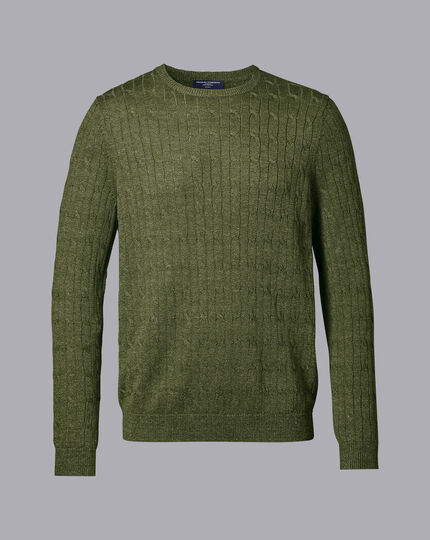 Merino Linen Cable Knit Crew Neck Sweater - Olive