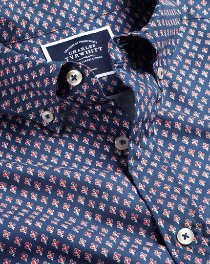 Button-Down Collar Non-Iron Stretch Poplin Leaf Print Short Sleeve Shirt - Royal Blue