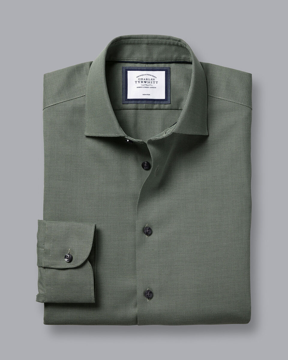 Semi-Cutaway Collar Non-Iron Stretch Texture Shirt - Olive Green ...