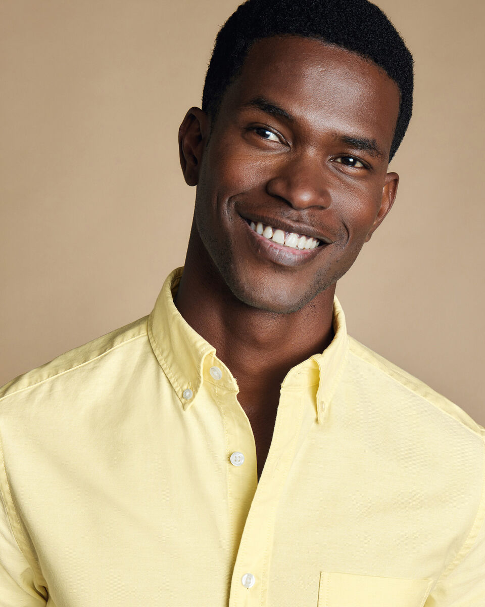 Chemise Oxford délavée extensible à manches courtes et col boutonné - Citron