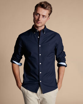 Button-Down Collar Stretch Washed Oxford Shirt - Navy Blue