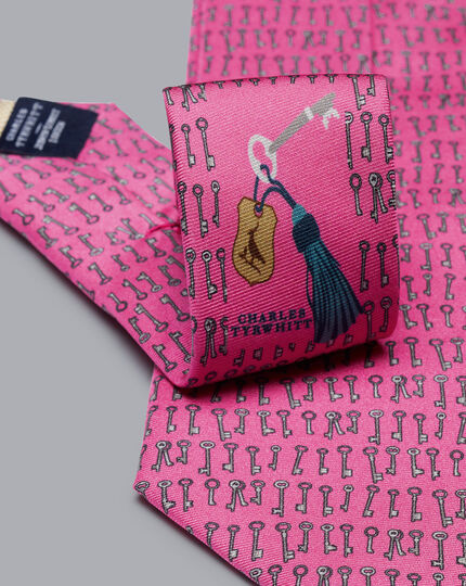 Keys Motif Print Silk Tie - Bright Pink