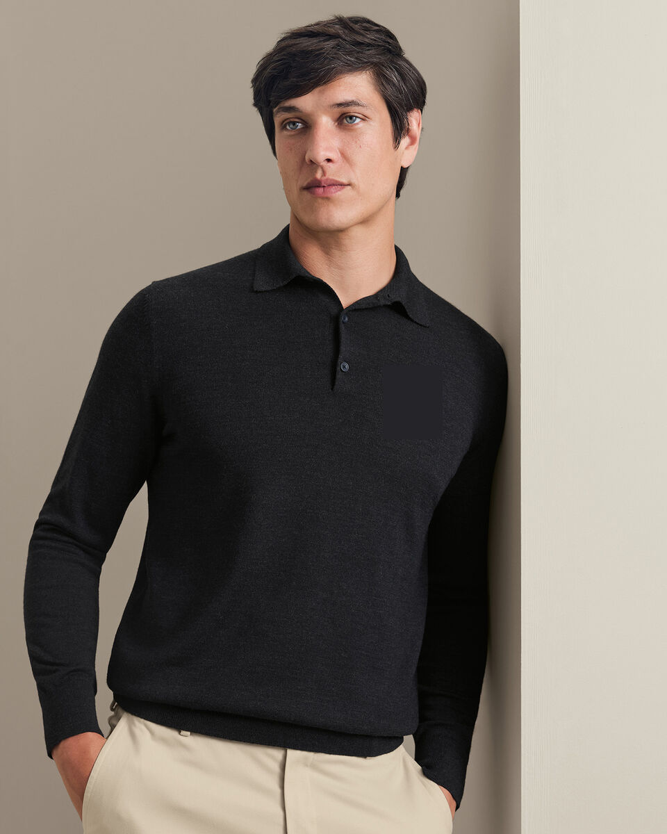 Pure Merino Wool Button Neck Polo - Charcoal Grey