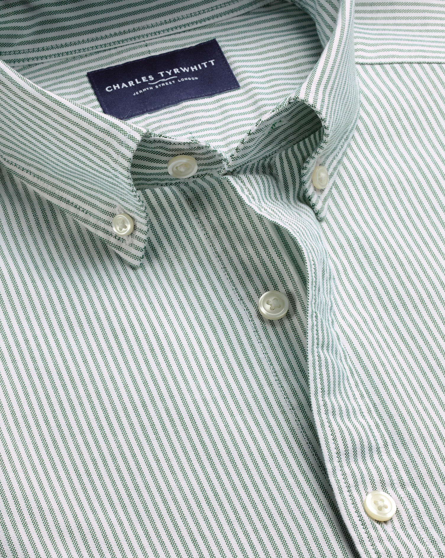 Button-Down Stretch Washed Oxford Stripe Shirt – Green | Charles