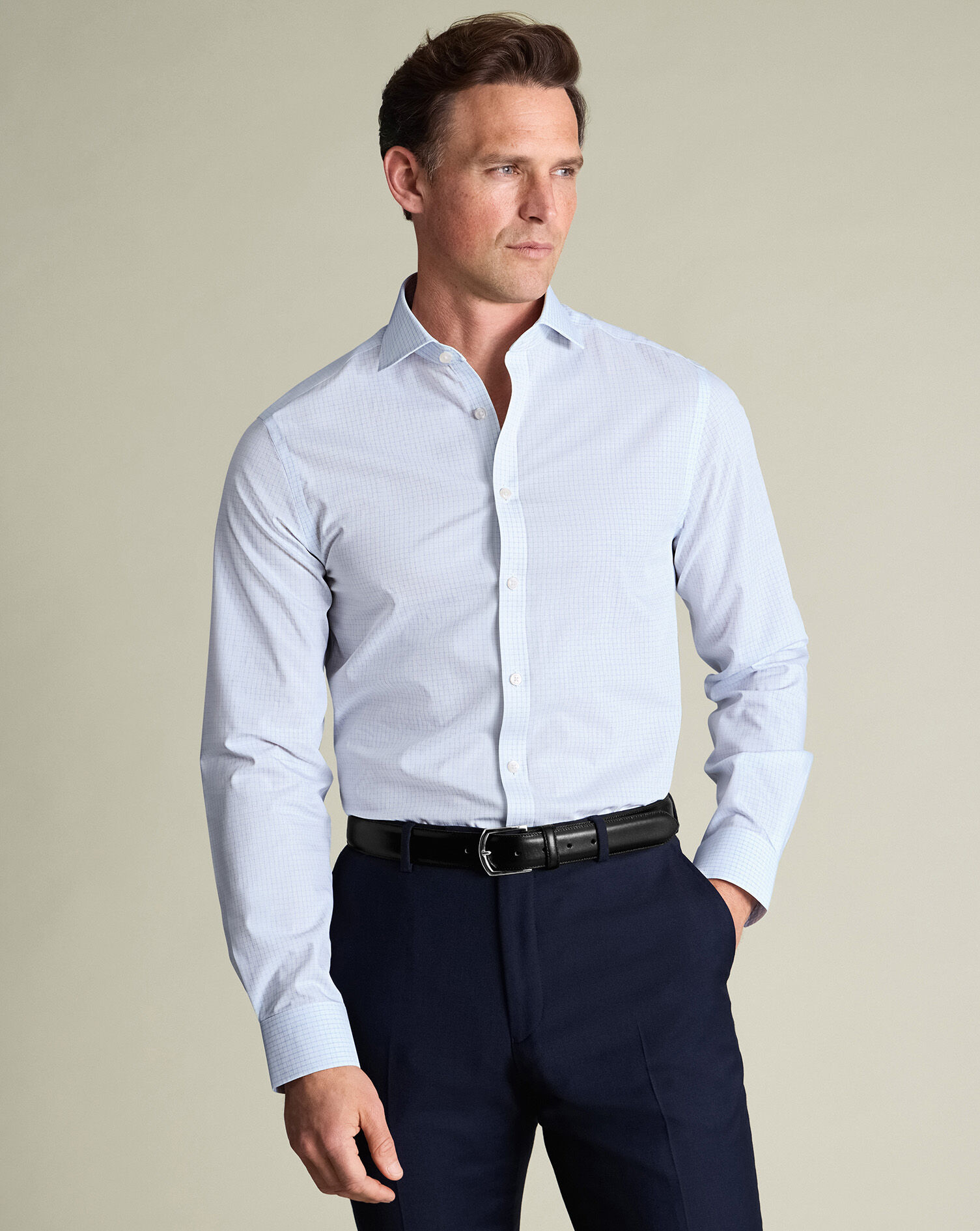Non-Iron Stretch Poplin Check Shirt - Ice Blue | Charles Tyrwhitt US