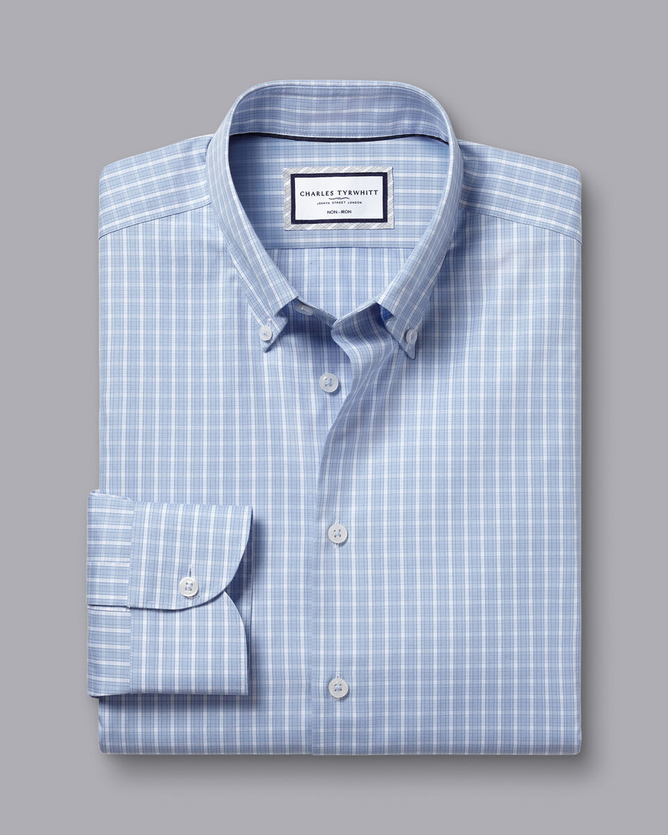 Button-Down Collar Non-Iron Windowpane Check Shirt - Sky Blue | Charles ...