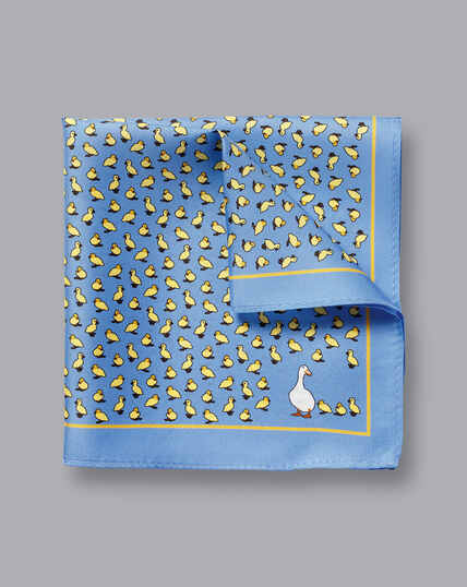 Ducks in a Row Motif Silk Pocket Square - Cornflower Blue