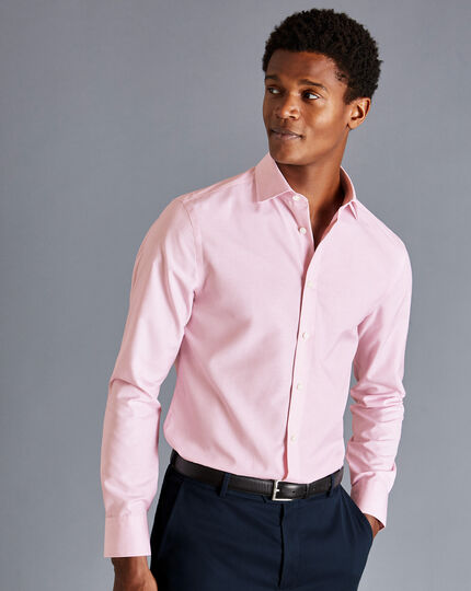 Semi-Cutaway Collar Non-Iron Cotton Linen Stripe Shirt - Pink