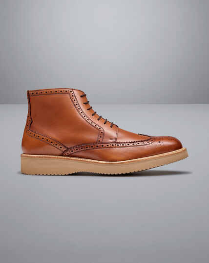 Leather Brogue Boots - Dark Tan