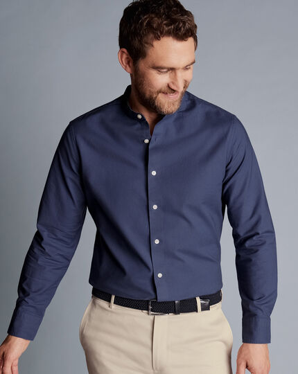 Collarless Washed Oxford Stretch Shirt - Heather Blue