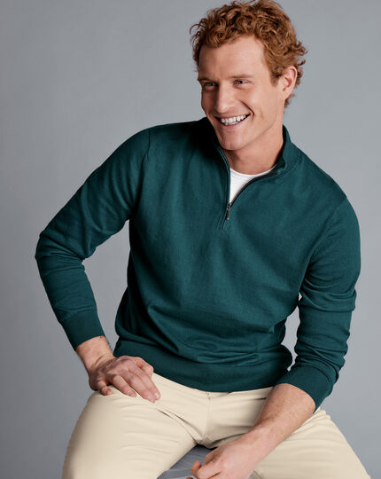 Combed Cotton Zip Neck Sweater - Teal Green