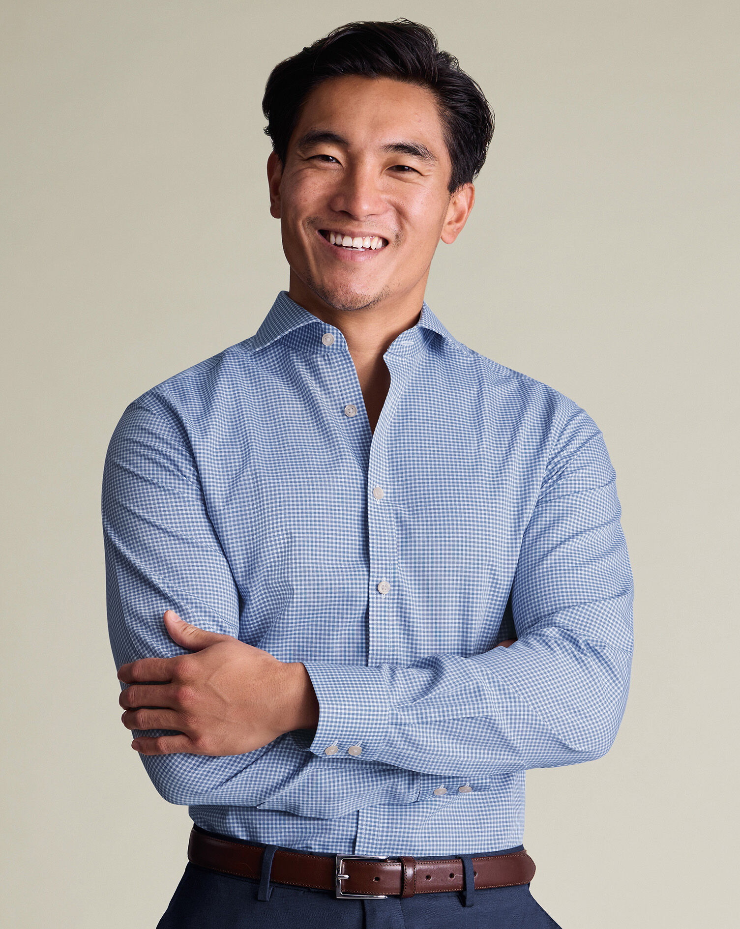 Non-Iron Stretch Poplin Gingham Shirt - Royal Blue | Charles