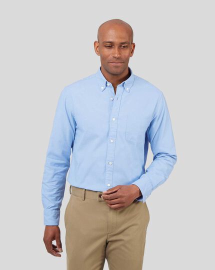 Button-Down Collar Washed Oxford Shirt With Pocket - Sky
