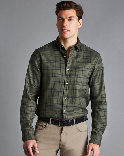 Button-Down Collar Non-Iron Twill Check Shirt - Olive Green