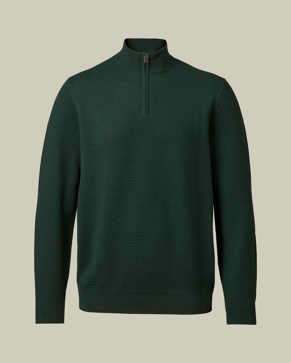 Pure Merino Textured Zip Neck Sweater - Forest Green