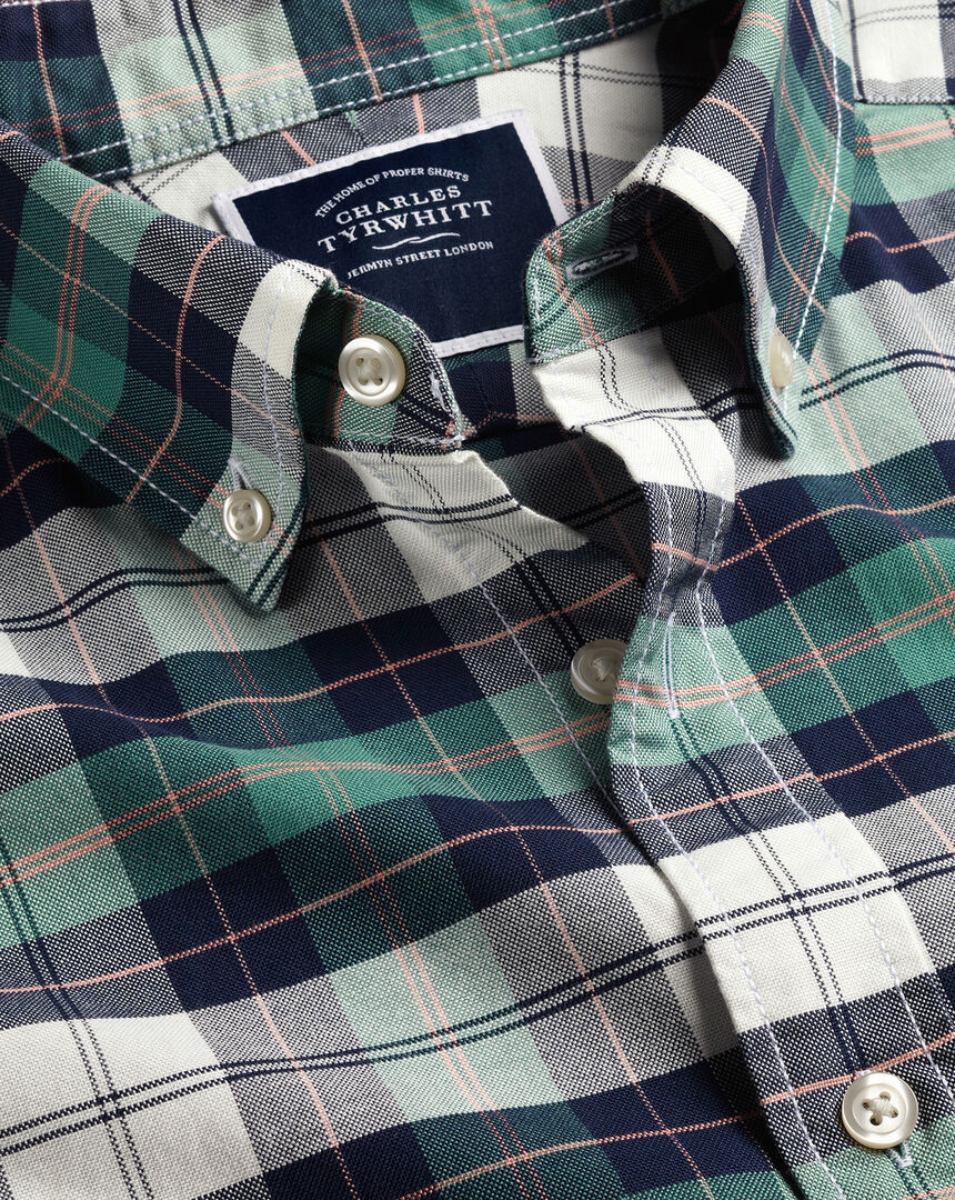 Button-Down Collar Washed Oxford Check Shirt - Teal Green