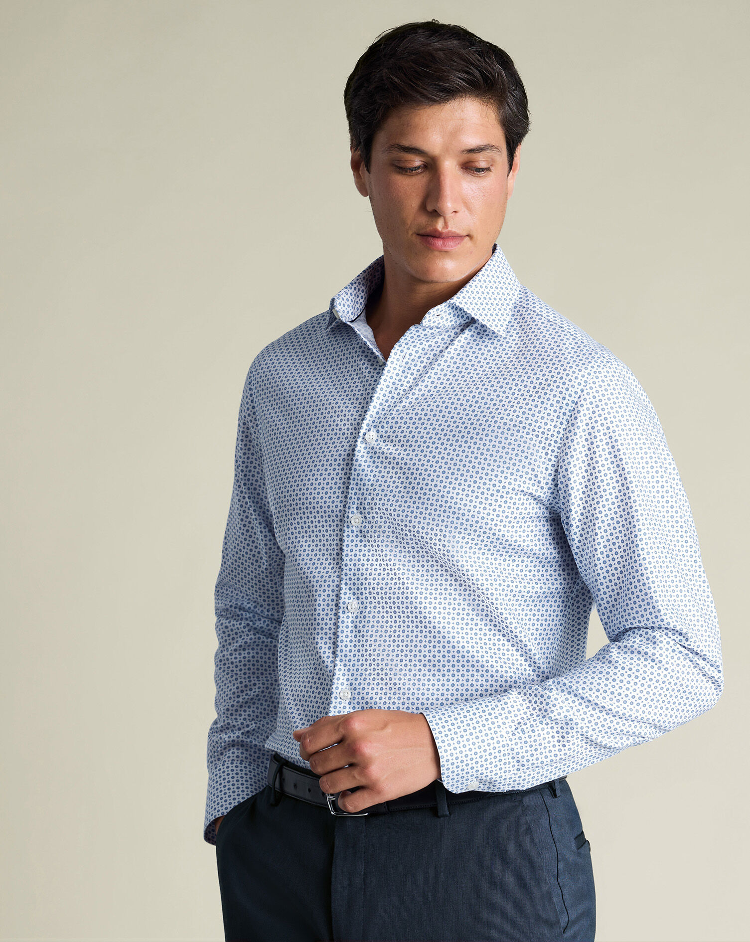 Non-Iron Stretch Print Shirt - White & Blue