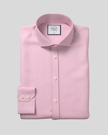 Cutaway Collar Non-Iron Cotton Stretch Grid Check Shirt - Pink