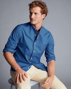 Collarless Washed Oxford Shirt - Ocean Blue